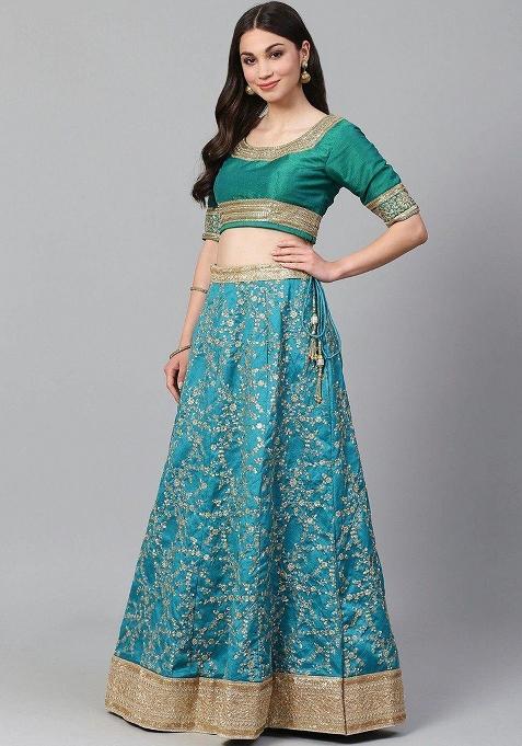 Blue Embroidererd Silk Lehenga Set With Dupatta
