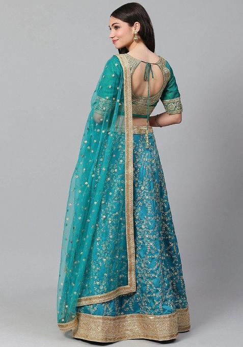Blue Embroidererd Silk Lehenga Set With Dupatta