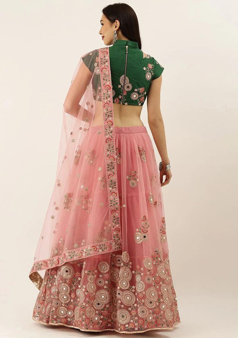 Pink Embroidererd Net Lehenga Set With Dupatta