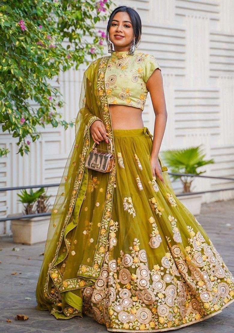 Green Embroidererd With Dupatta Silk Blend Lehenga Set for Diwali | Wedding & Festive Wear - Indya