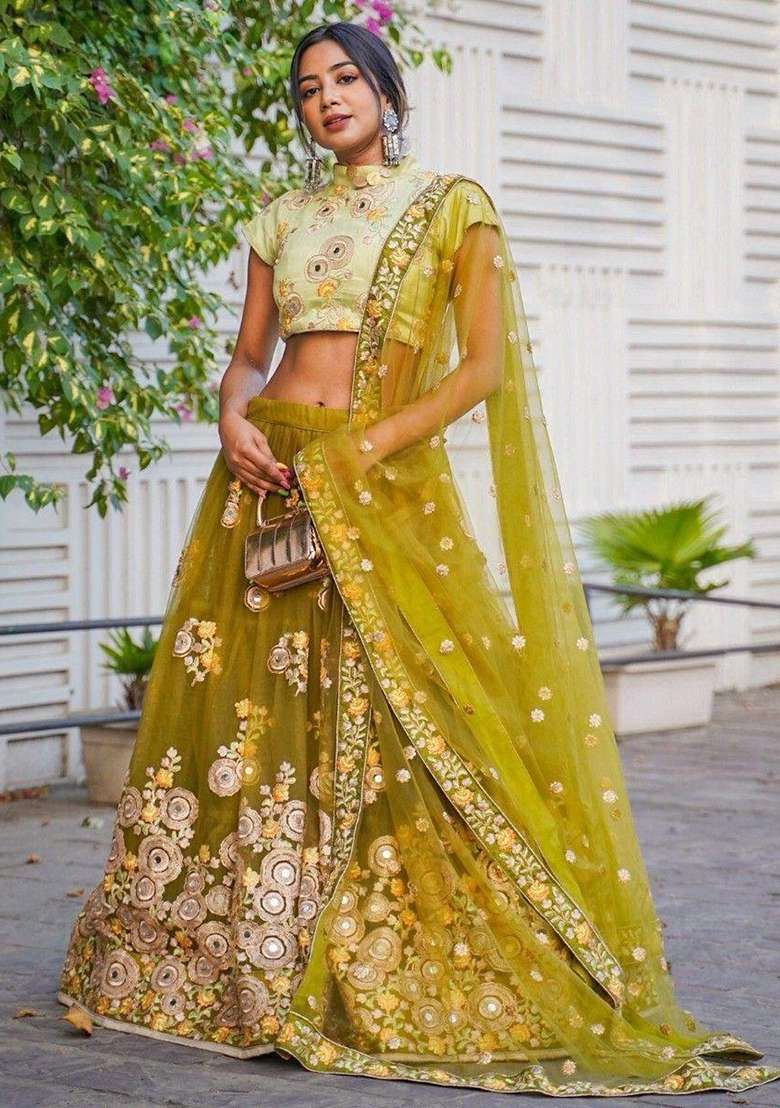 Green Embroidererd With Dupatta Silk Blend Lehenga Set for Diwali | Wedding & Festive Wear - Indya