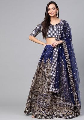Navy Blue Embroidererd Silk Lehenga Set With Dupatta