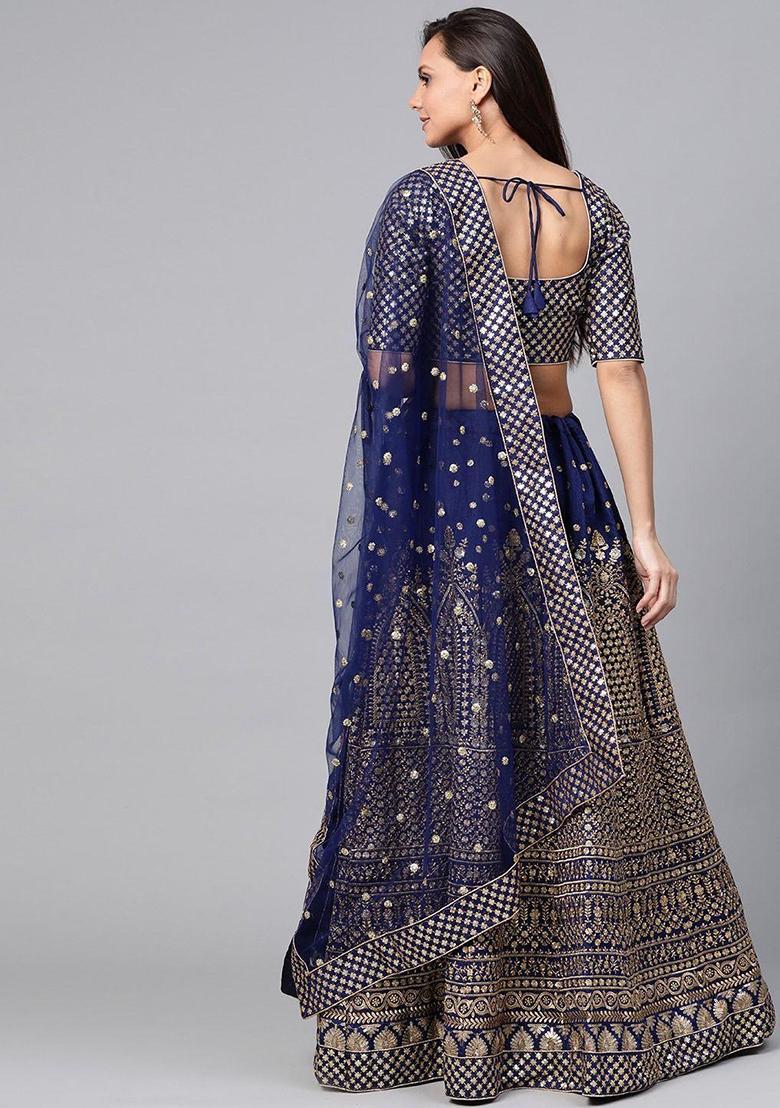 Navy Blue Embroidererd Silk Lehenga Set With Dupatta