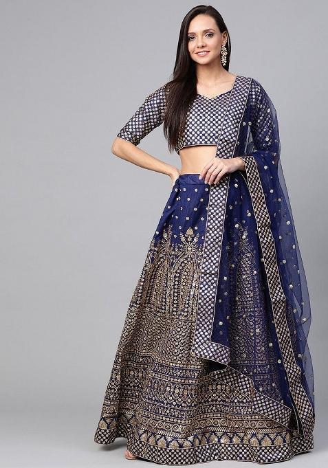 Navy Blue Embroidererd Silk Lehenga Set With Dupatta