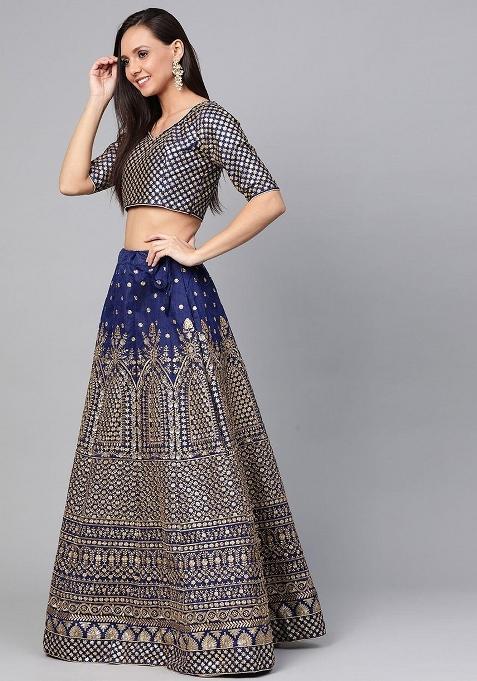Navy Blue Embroidererd Silk Lehenga Set With Dupatta