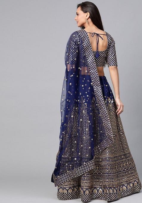 Navy Blue Embroidererd Silk Lehenga Set With Dupatta