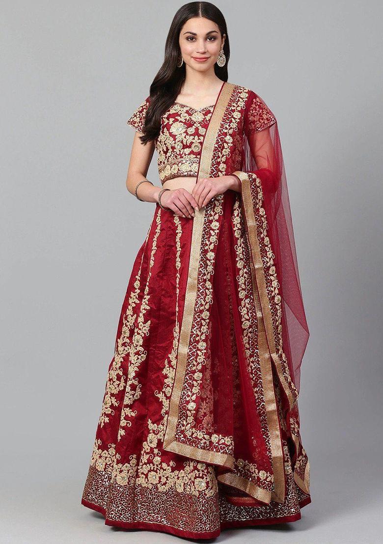 Maroon Embroidererd Silk Lehenga Set With Dupatta