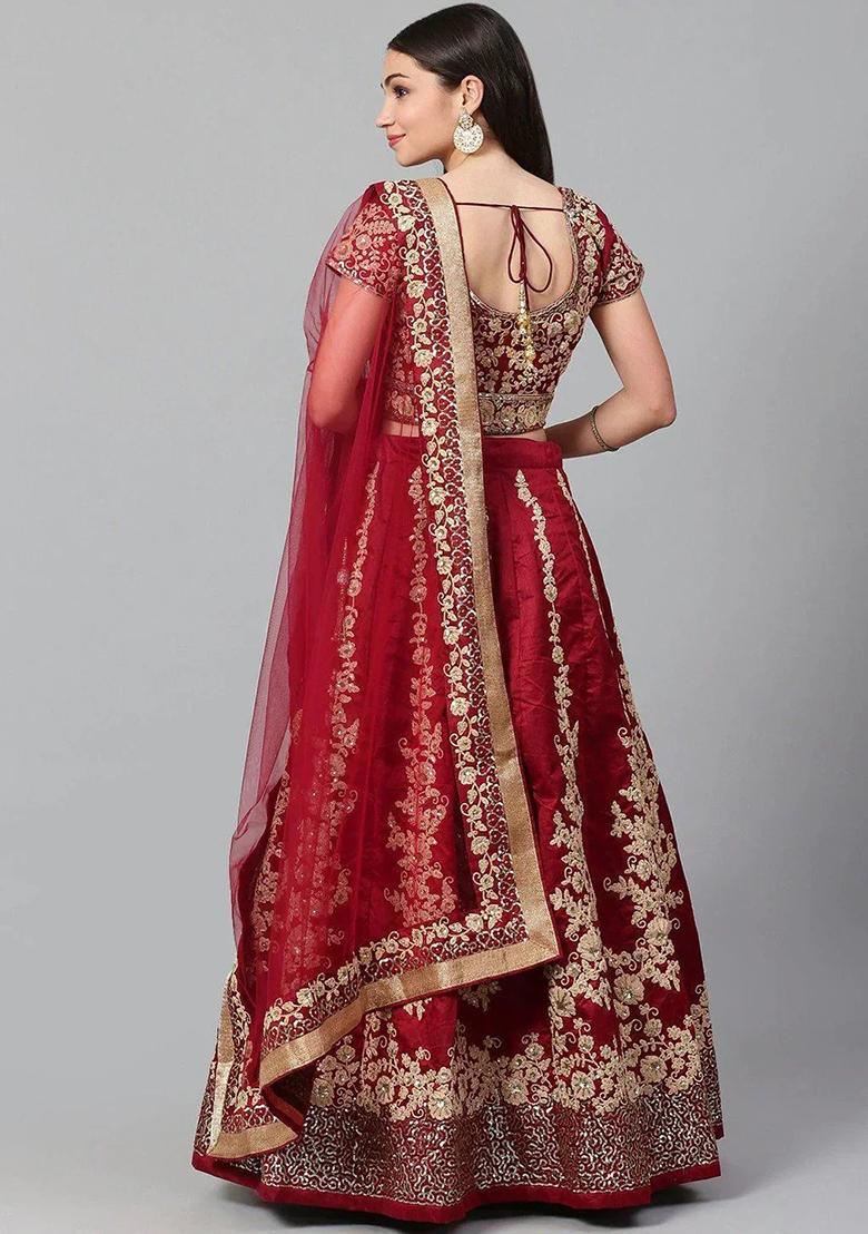 Maroon Embroidererd Silk Lehenga Set With Dupatta