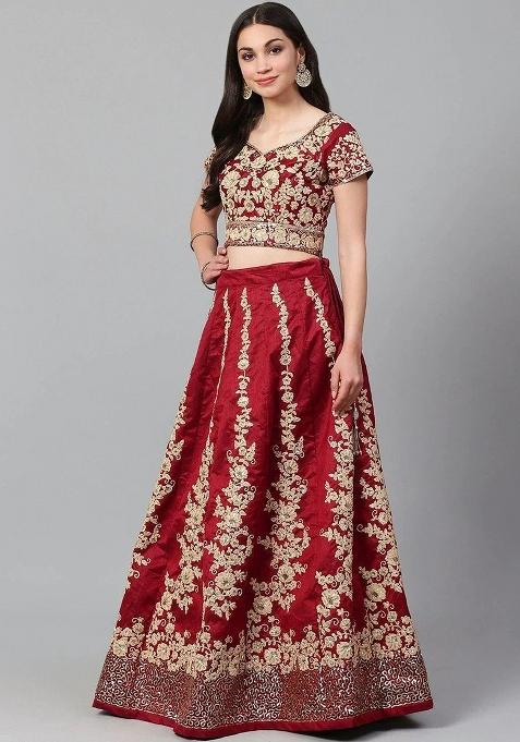 Maroon Embroidererd Silk Lehenga Set With Dupatta