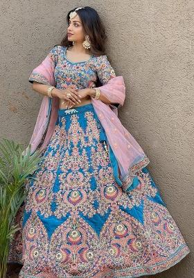 Blue Embroidererd Net Lehenga Set With Dupatta