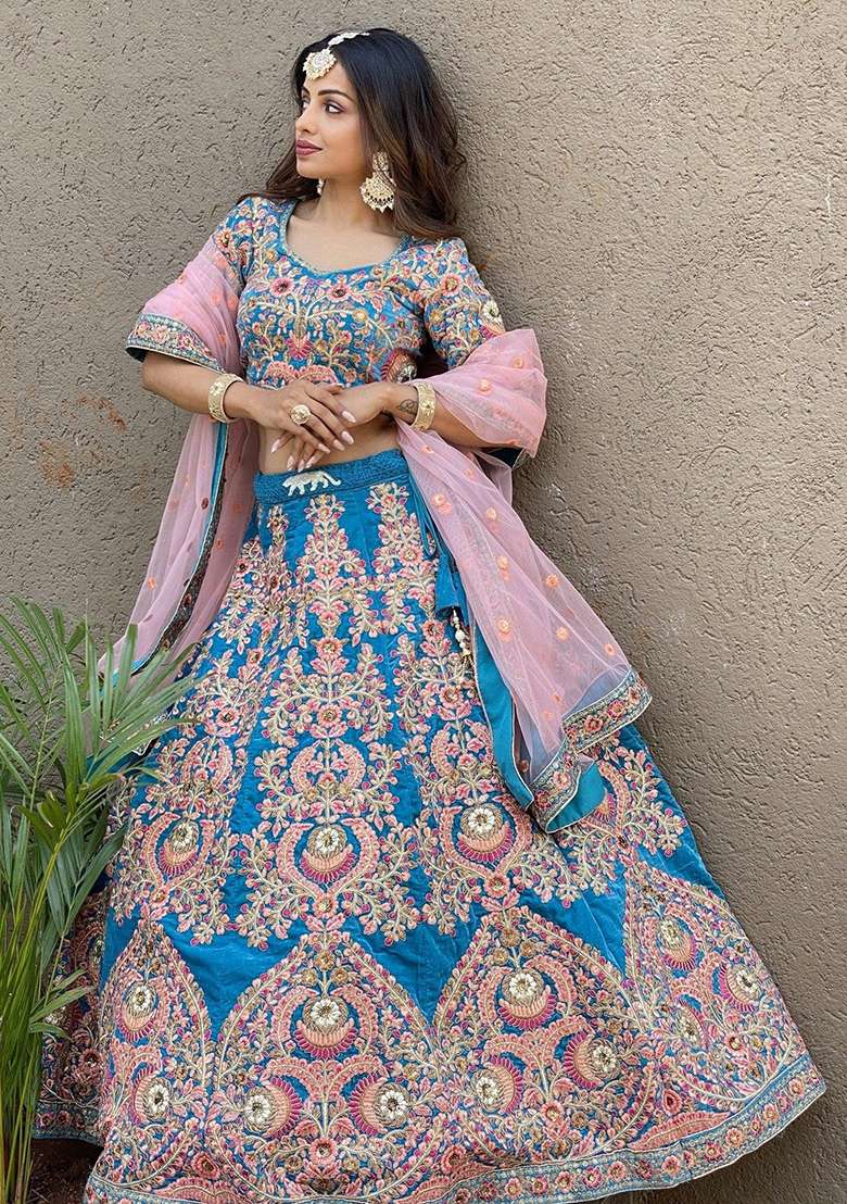 Blue Embroidererd Net Lehenga Set With Dupatta - Indya