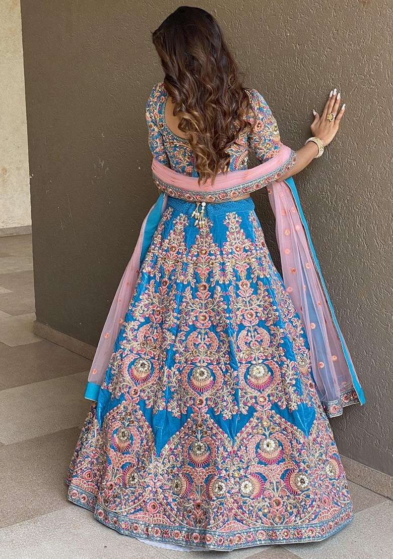 Blue Embroidererd Net Lehenga Set With Dupatta - Indya