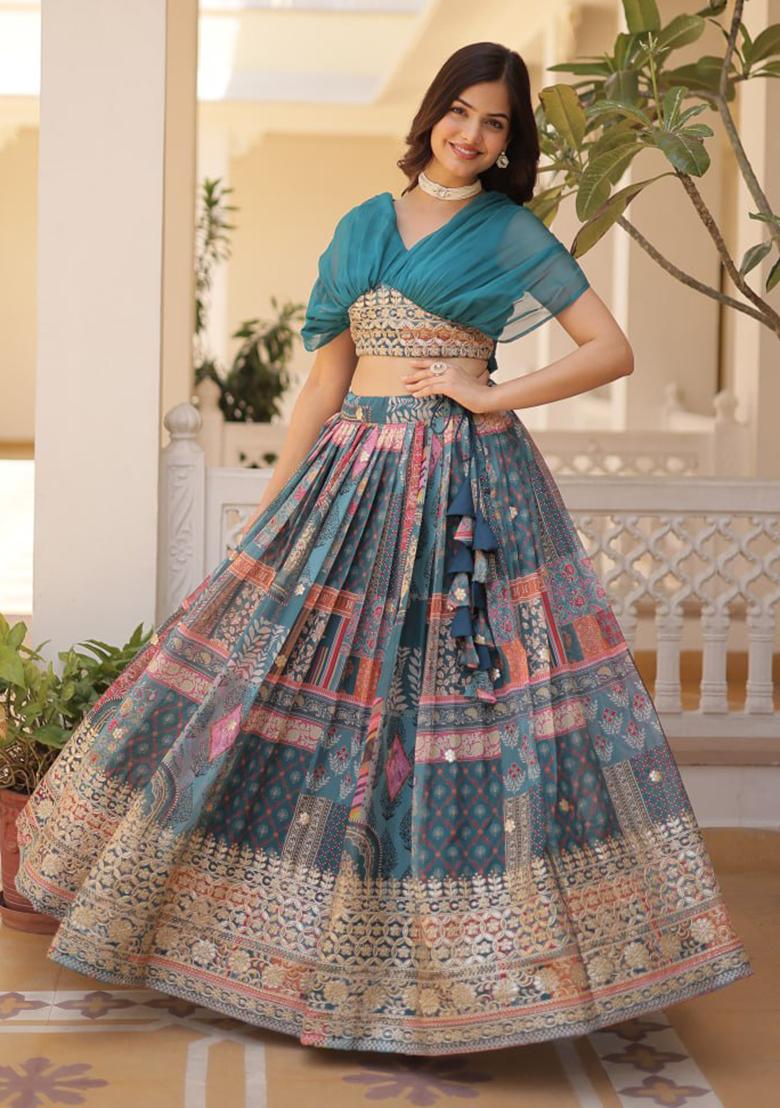 Blue Printed Russian Silk Lehenga Set - Indya