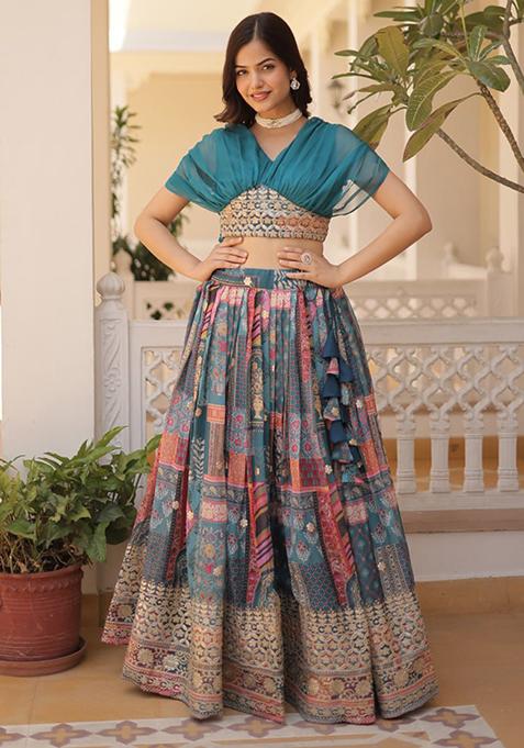 Blue Printed Russian Silk Lehenga Set