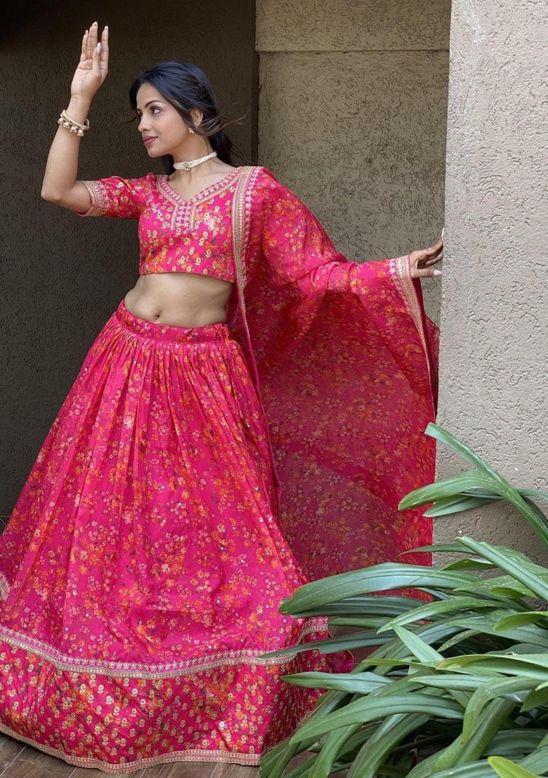 Pink Embroidererd Net Lehenga Set With Dupatta