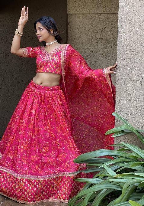 Pink Embroidererd Net Lehenga Set With Dupatta