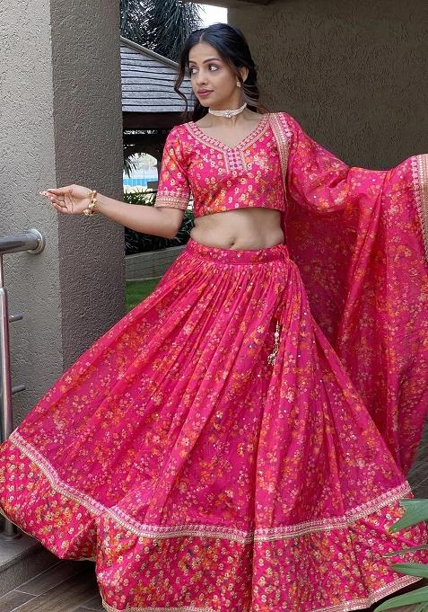 Pink Embroidererd Net Lehenga Set With Dupatta