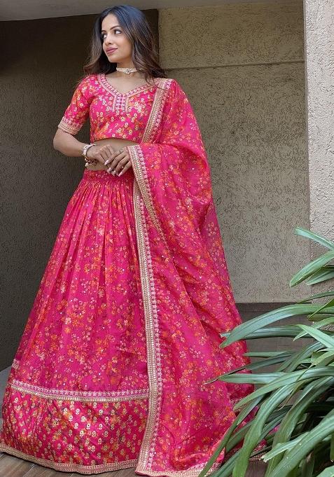 Pink Embroidererd Net Lehenga Set With Dupatta