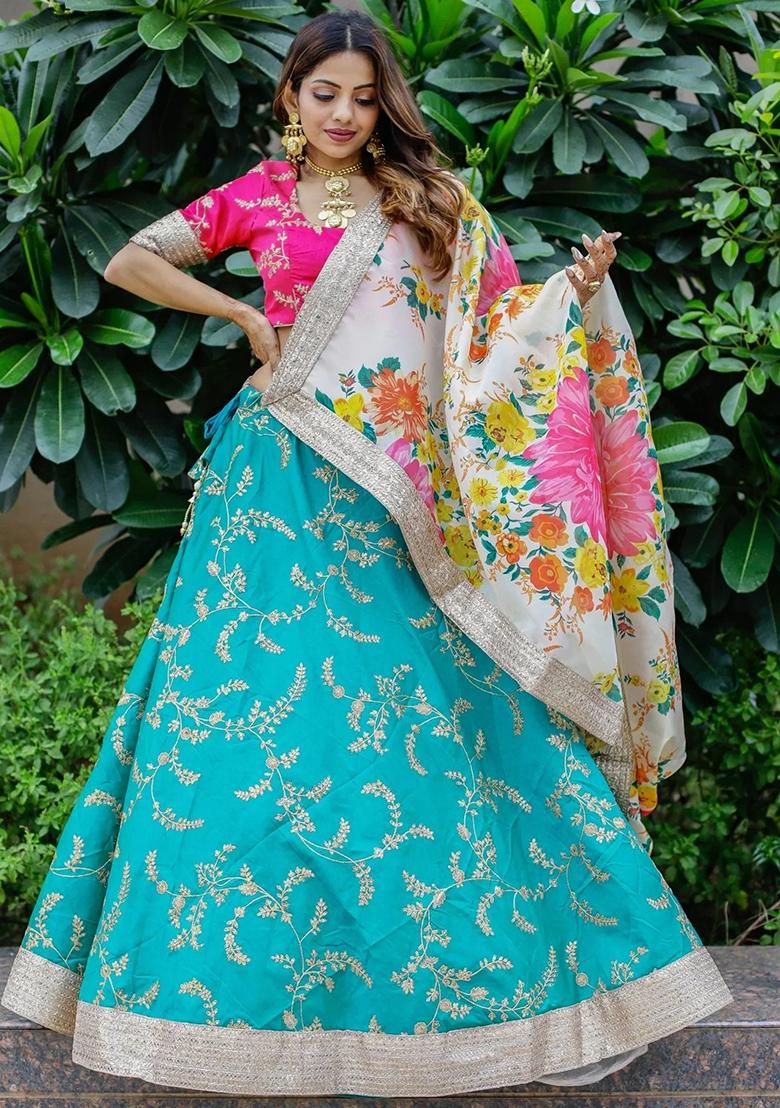 Green Embroidererd Silk Lehenga Set With Dupatta