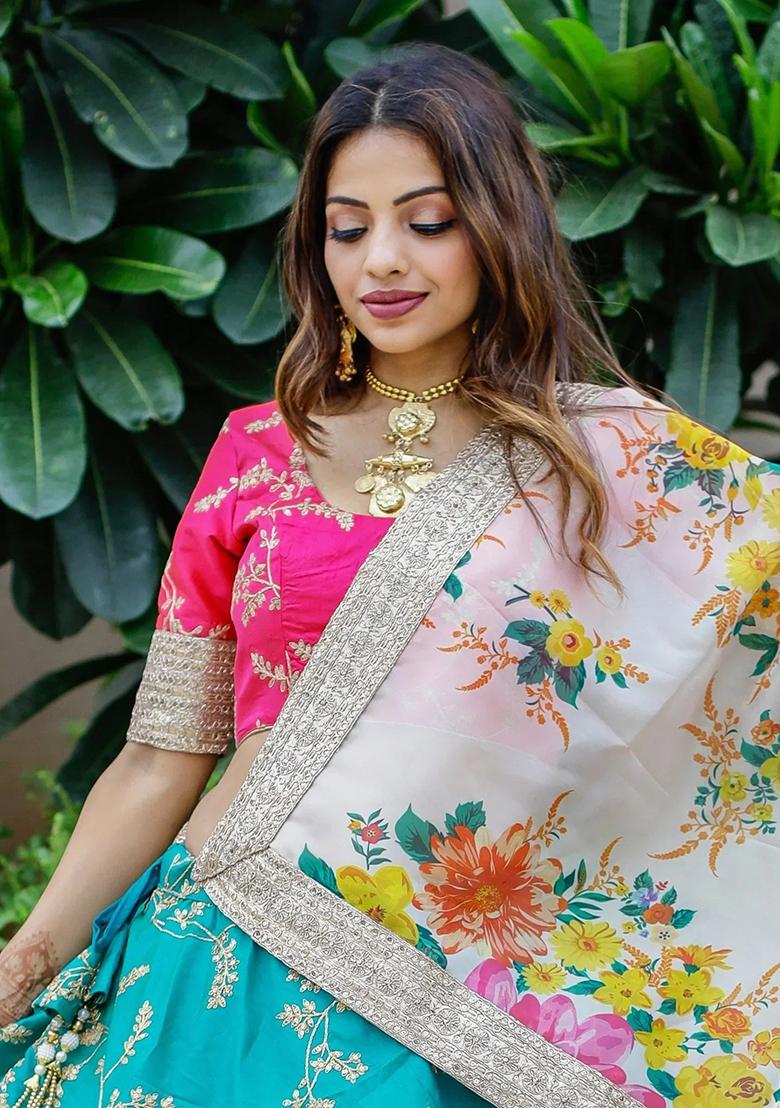 Green Embroidererd Silk Lehenga Set With Dupatta