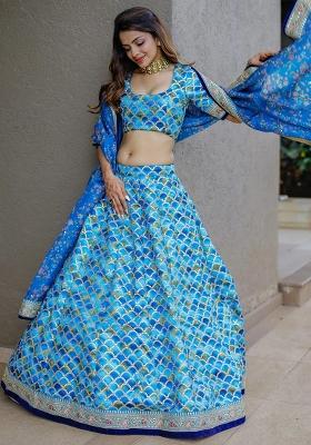 Blue Embroidererd Silk Lehenga Set With Dupatta
