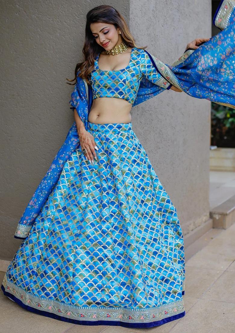 Blue Embroidererd Silk Lehenga Set With Dupatta