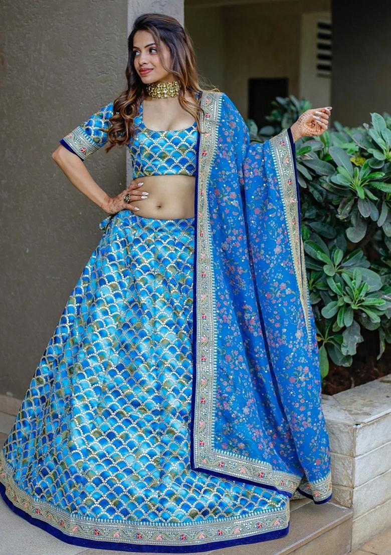 Blue Embroidererd Silk Lehenga Set With Dupatta