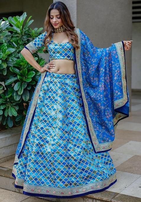 Blue Embroidererd Silk Lehenga Set With Dupatta