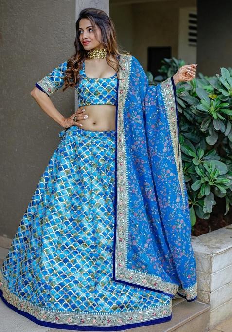 Blue Embroidererd Silk Lehenga Set With Dupatta