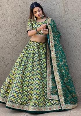 Green Embroidererd Silk Lehenga Set With Dupatta