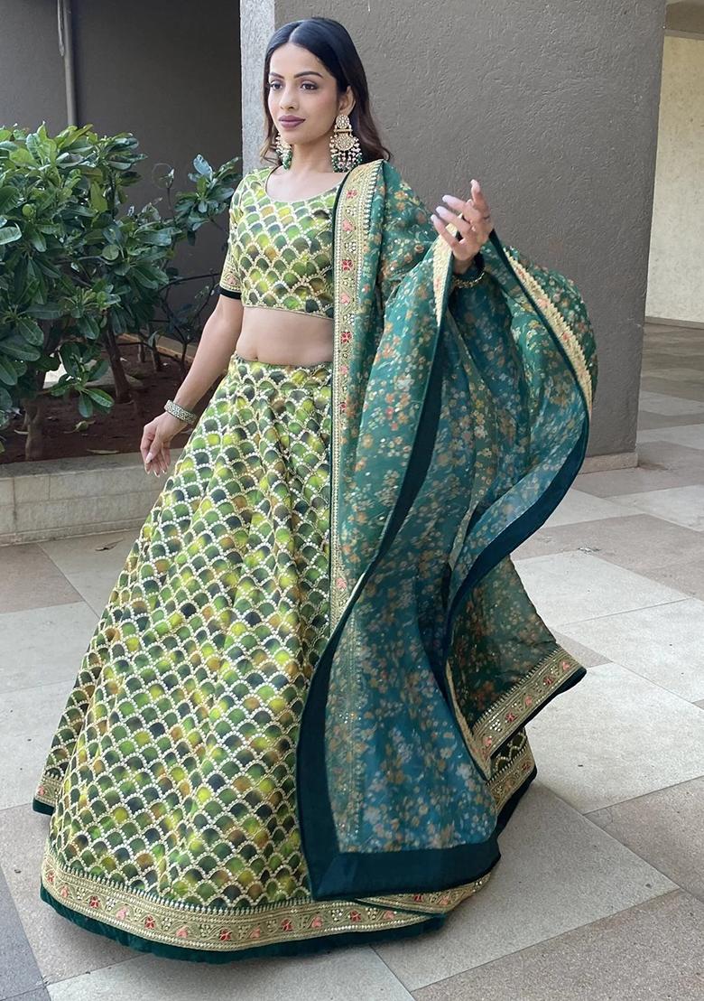 Green Embroidererd Silk Lehenga Set With Dupatta