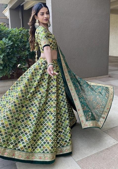 Green Embroidererd Silk Lehenga Set With Dupatta