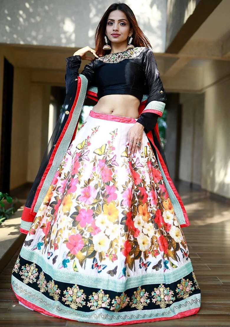 Multicolor Embroidererd With Dupatta Silk Blend Lehenga Set for Diwali | Wedding & Festive Wear - Indya