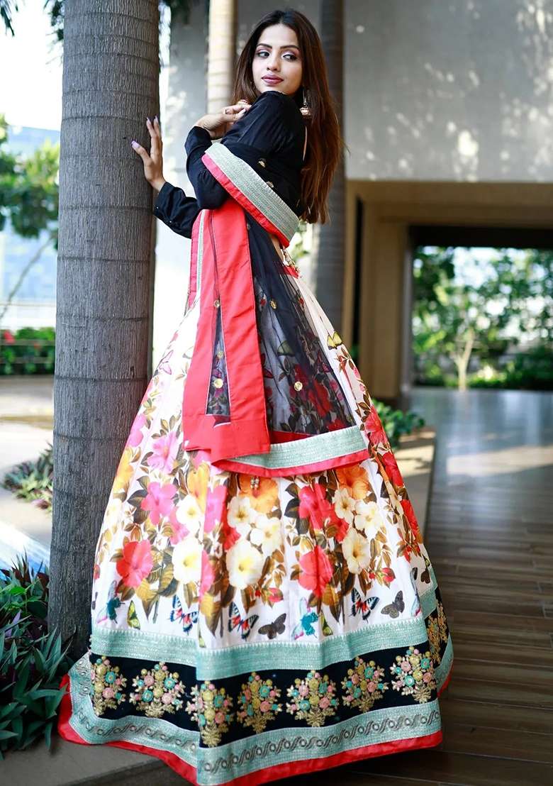 Multicolor Embroidererd With Dupatta Silk Blend Lehenga Set for Diwali | Wedding & Festive Wear - Indya