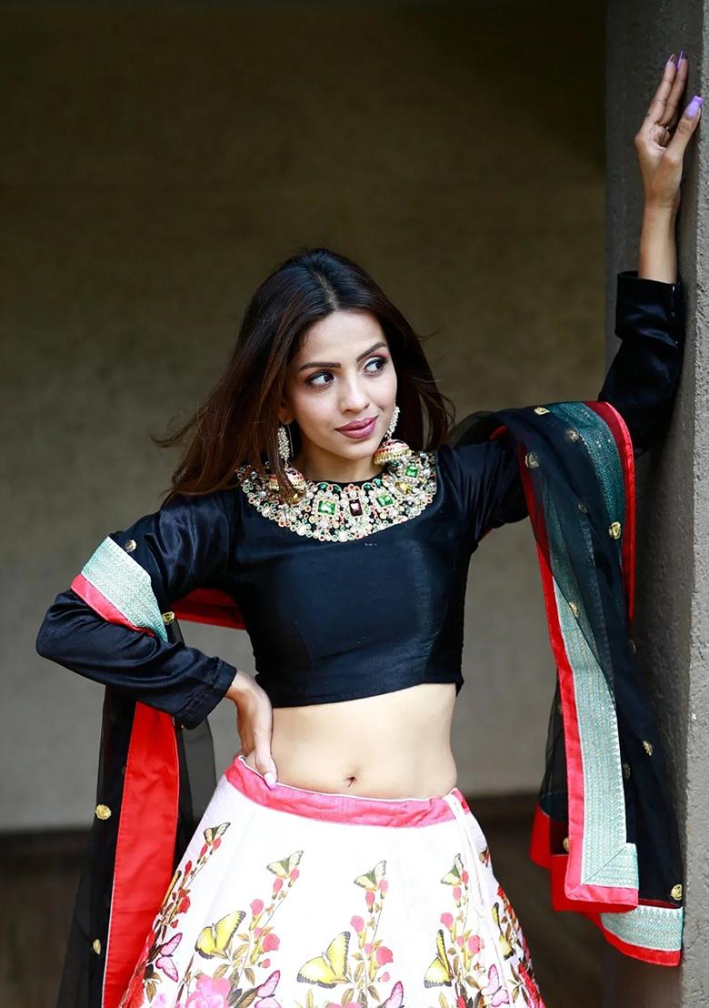 Multicolor Embroidererd Silk Lehenga Set With Dupatta