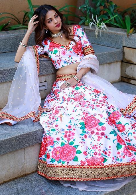 White Embroidererd Silk Lehenga Set With Dupatta