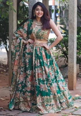 Green Embroidererd Net Lehenga Set With Dupatta
