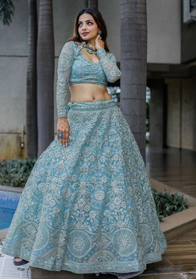 Sky Blue Embroidererd Net Lehenga Set With Dupatta - Indya