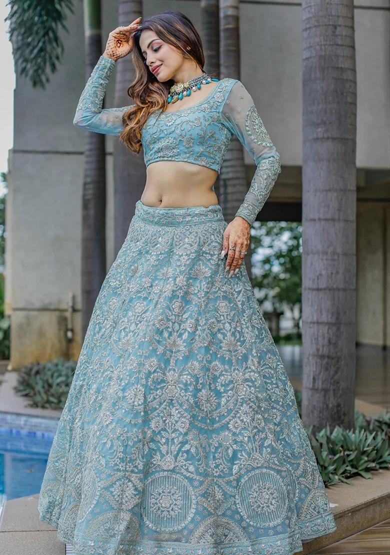 Sky Blue Embroidererd Net Lehenga Set With Dupatta