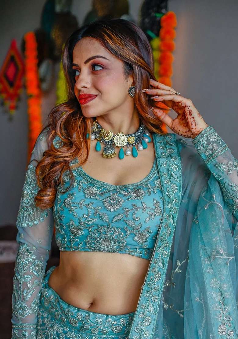 Sky Blue Embroidererd Net Lehenga Set With Dupatta - Indya