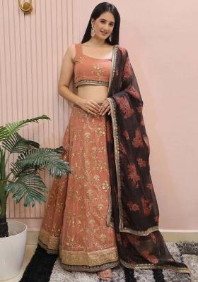 Pink Embroidererd Georgette Lehenga Set With Dupatta