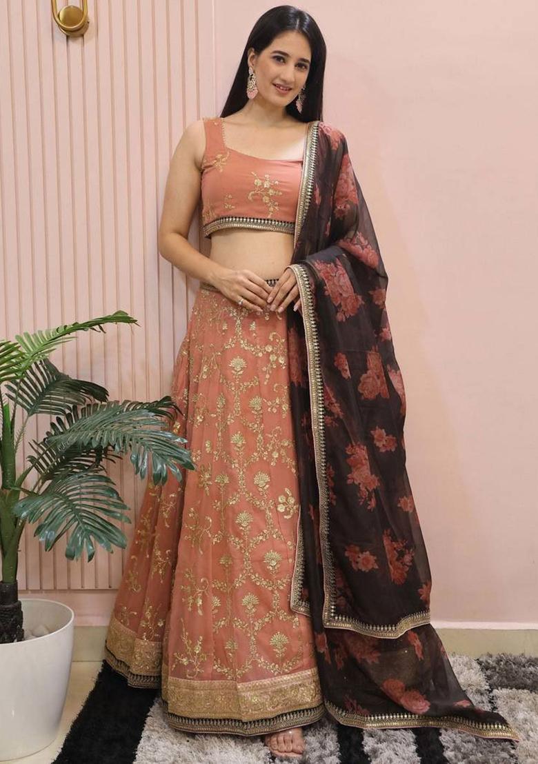 Pink Embroidererd Georgette Lehenga Set With Dupatta