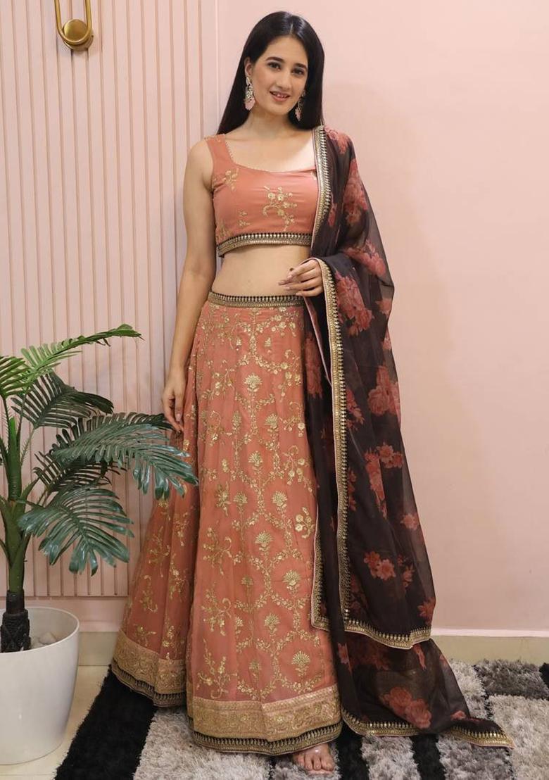Pink Embroidererd Georgette Lehenga Set With Dupatta
