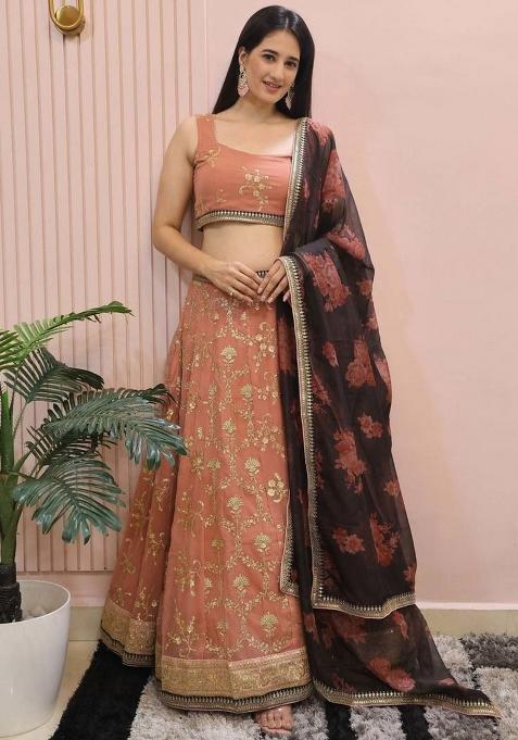 Pink Embroidererd Georgette Lehenga Set With Dupatta