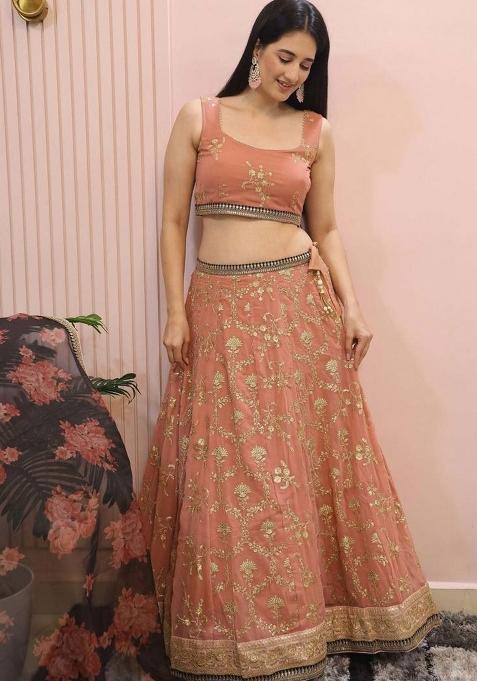 Pink Embroidererd Georgette Lehenga Set With Dupatta
