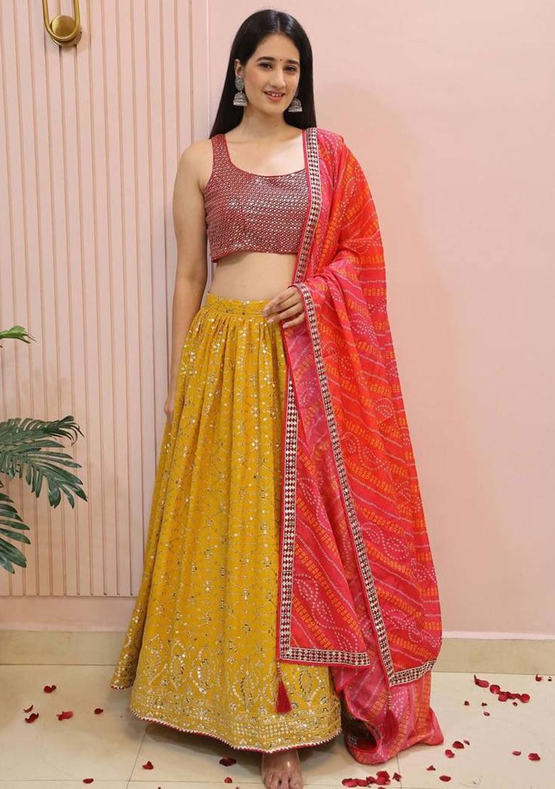 Yellow Embroidererd Georgette Lehenga Set With Dupatta