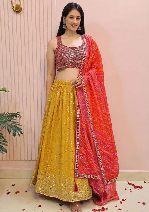 Yellow Embroidererd Georgette Lehenga Set With Dupatta