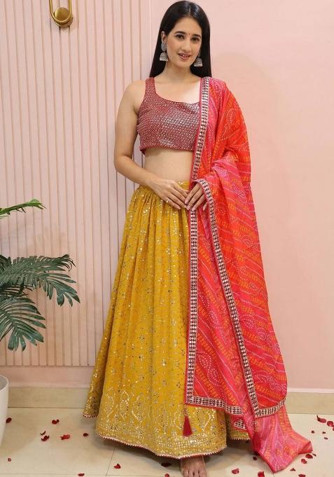 Yellow Embroidererd Georgette Lehenga Set With Dupatta