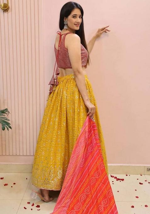 Yellow Embroidererd Georgette Lehenga Set With Dupatta