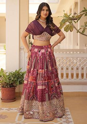 Wine Printed Russian Silk Lehenga Set